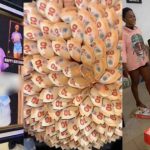 Lady gifts friend ₦10 notes bouquet and bread as creative revɘnge gift after receiving funny picture frame for her birthday (WATCH)