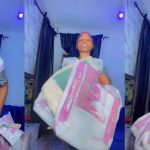 Lady advertises Dangote cement bags as 'party' and 'couples wear'