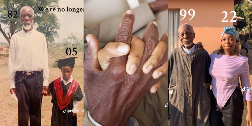 Lady goes viral as she recreates childhood photo with grandfather