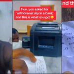 Lady exposes note she received from bank staff after asking for withdrawal slip