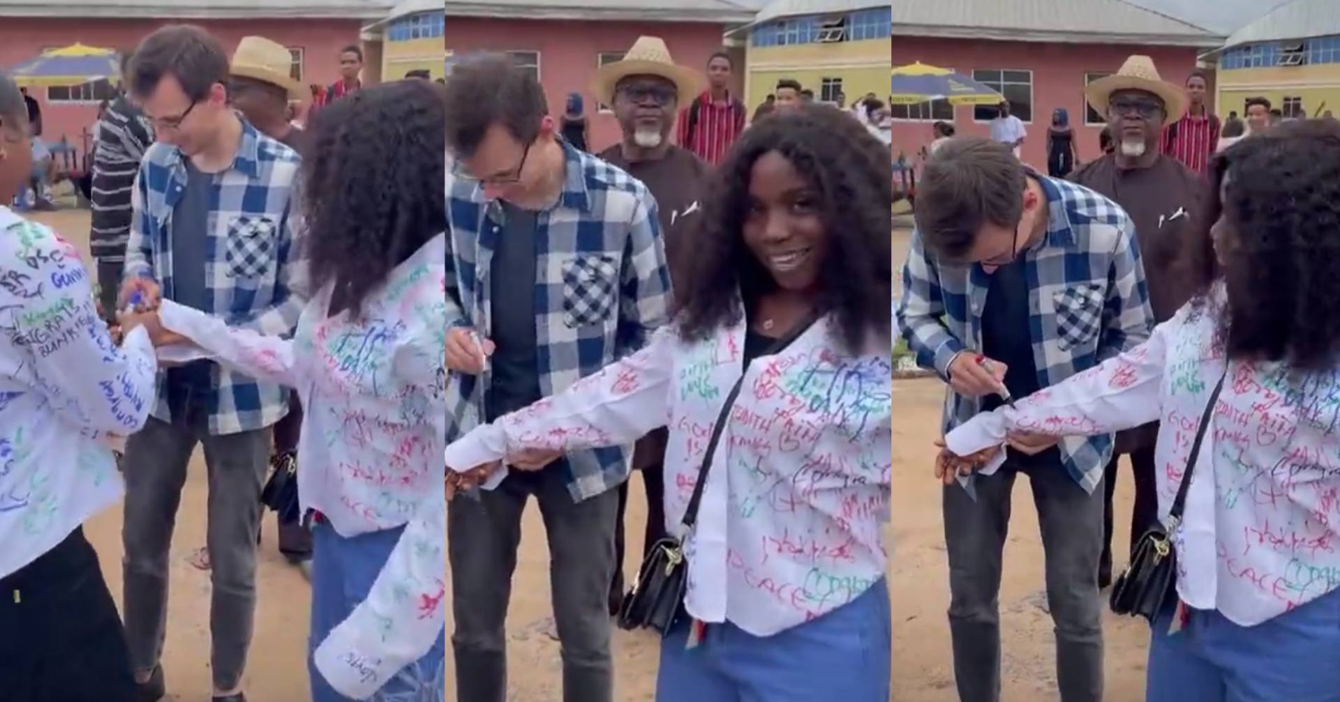 Lady excited as her Caucasian man flies in from US to attend her sign-out