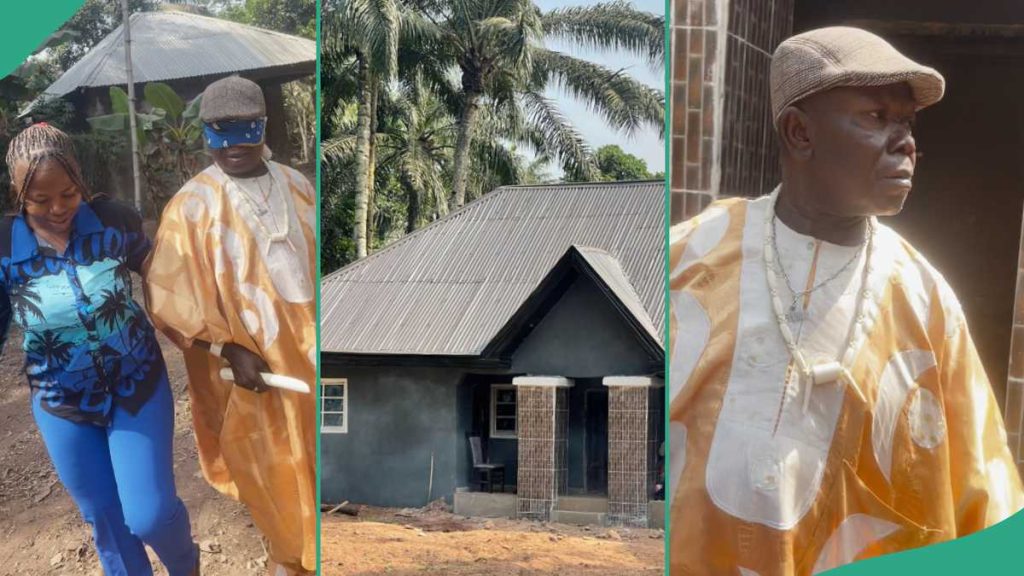 Lady Blindfolds Her Father, Leads Him To Beautiful House She Built For Him